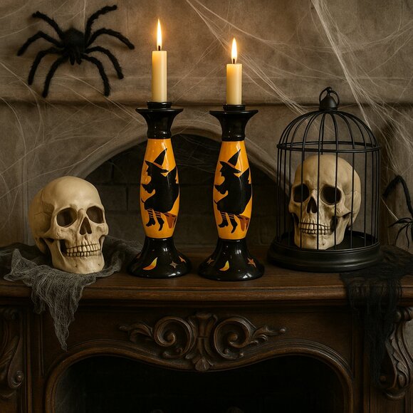 NWT 2 Vintage Susan Winget Halloween Witch Candle Holders Candlestick Holder - Picture 1 of 11
